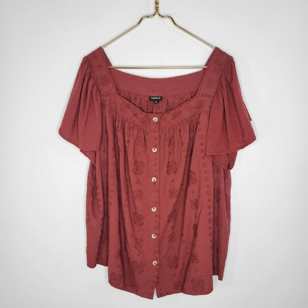 TORRID Red Brown Square Neck Top Size 3X Embroidered Boho Flutter Sleeve Peasant - Picture 3 of 11